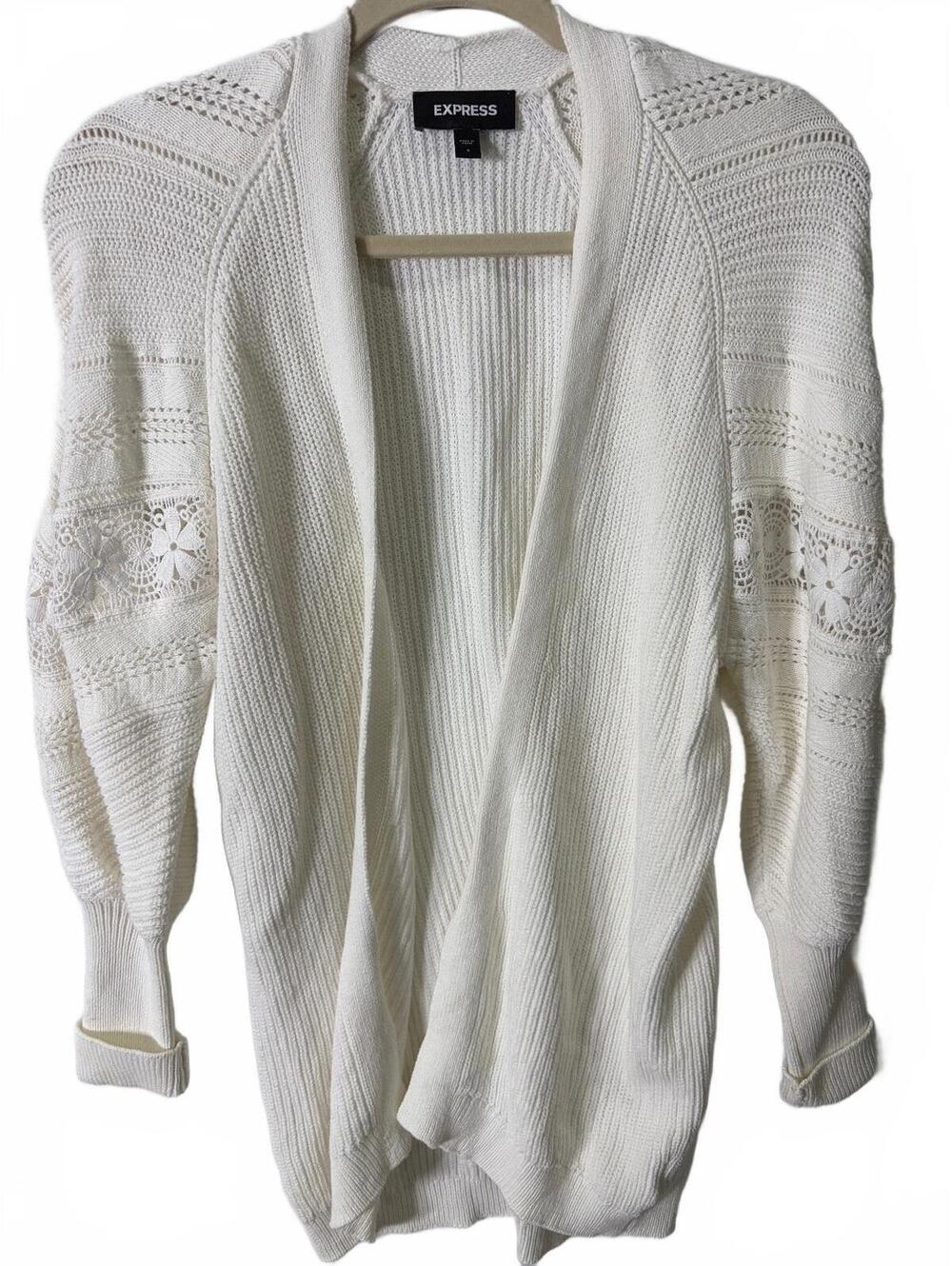 Express Cream knit open cardigan with lace sleeves